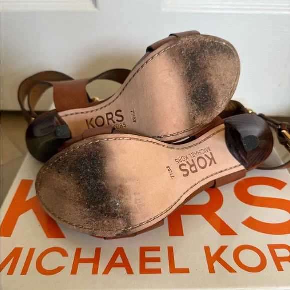 Kors Michael Kors Strappy Leather Cognac Gold Hardware Heels - Picture 7 of 7
